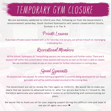 Gymnastics Centre Temporarily Closed