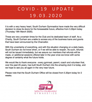 COVID-19 Update (19.03.20) - Gym Closure